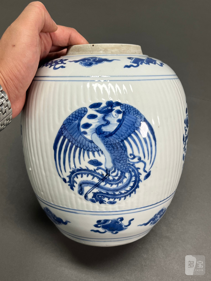 清康熙  青花龙凤纹瓜棱罐（带木盖） - 图9